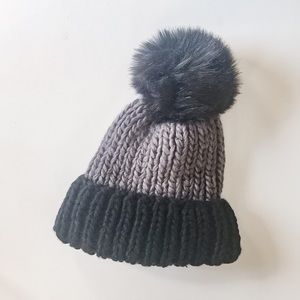 Kyi Kyi Handmade Knit Two Tone Pom Pom Beanie Hat